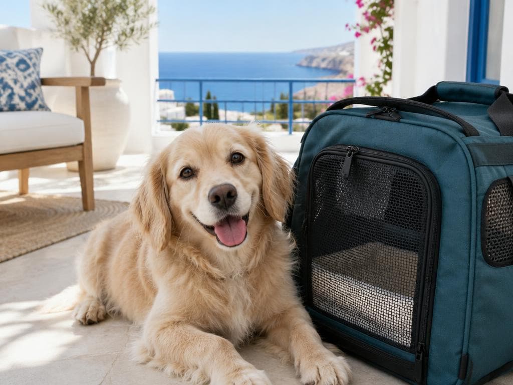 Dog next to a travel carrier